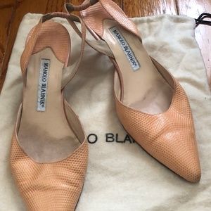 Manolo Blahnik Peach Snakeskin Slingbacks